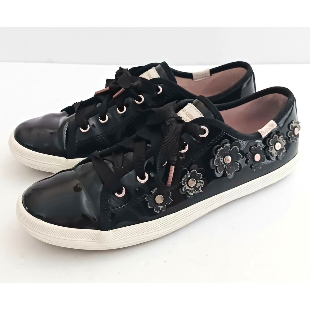 Kate Spade NY X Keds Kickstart Blk Patent 3D Flower Lace Up Girls Sneaker  2.5M